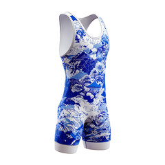 Stylish wrestling singlet with unique blue and white Japanese wave design