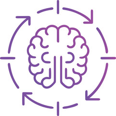Abstract purple brain icon with circular arrows representing thought process, learning, and neural network connections, 103 characters