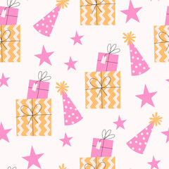 Seamless birthday pattern with gifts, balloons and party hats for festive card and poster design
