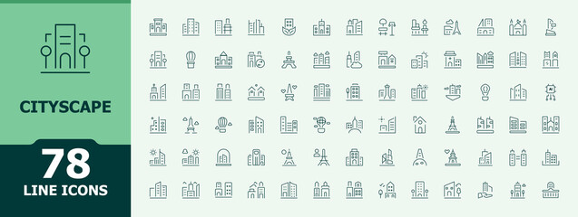 Set of Cityscape line icon. Contain linear sign outdoor, urban, park, ground, garden, landscape, city park and more. Sign and Symbol. Landscape icon set. Editable stroke. Vector collection.