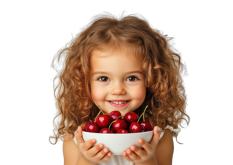 Smiling Girl Holding Bowl of Fresh Cherries on Transparent Background