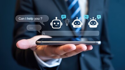 Business professional displays interactive digital interface featuring multiple virtual assistants on a handheld device