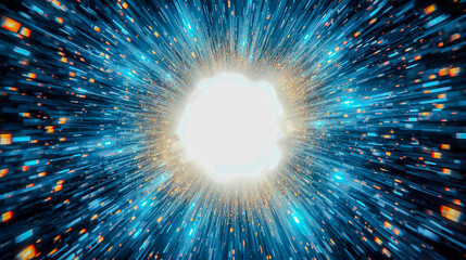 An abstract portal of shimmering blue and gold energy representing transition into the next year, with a blank center for greeting text.