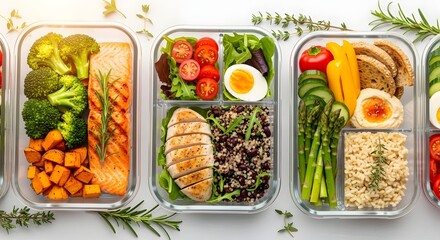 An assortment of healthy, pre-portioned meals in glass containers for weekly meal prep.