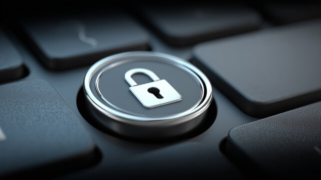 A silver padlock key integrated into a keyboard key representing system security, user access control and digital privacy in a tech workspace.
