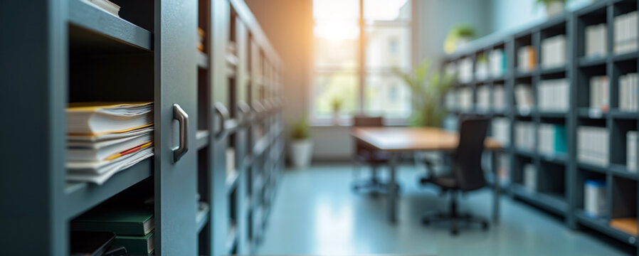 Neatly organized office archive with shelves full of files and binders in soft daylight, representing professional workspace and efficient document management with copy space