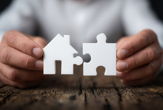 Hands connecting house-shaped and puzzle piece figurines on wooden table, representing home and belonging