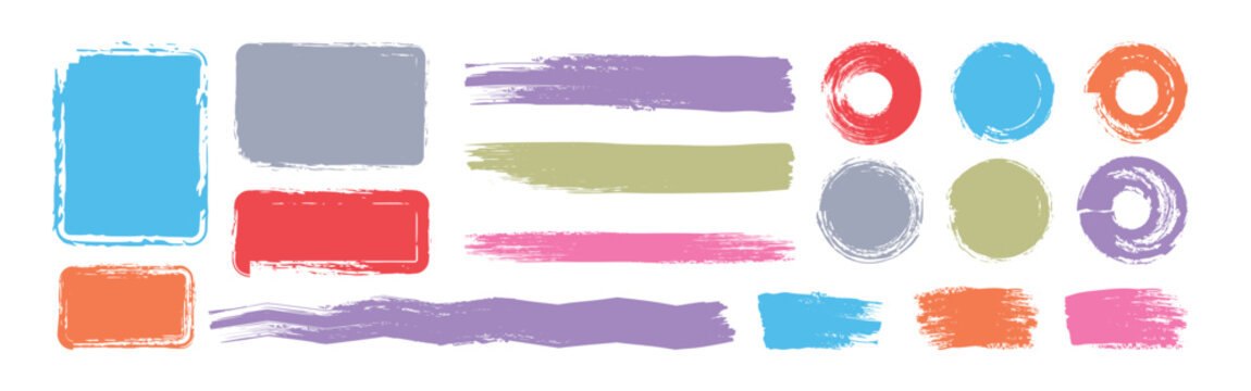Set of colorful text boxes and circle Paintbrush collection. Grunge design elements. Set of brush strokes.  paint brush stroke, ink splash and grungy decoration elements.