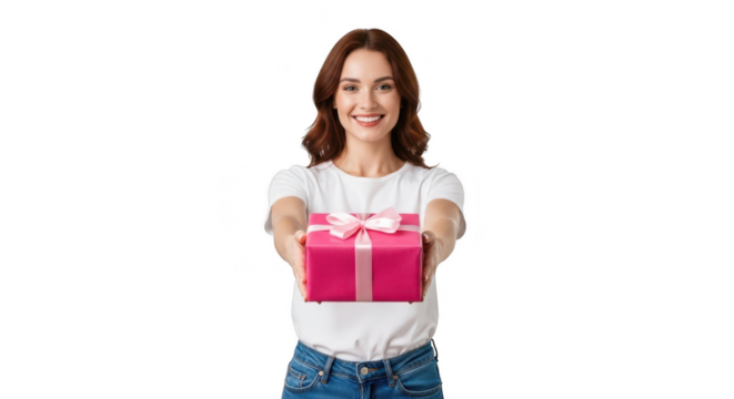 Woman holding a pink gift box with a ribbon, isolated on transparent background
