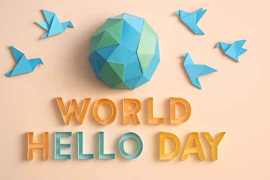 Origami earth and birds with world hello day text