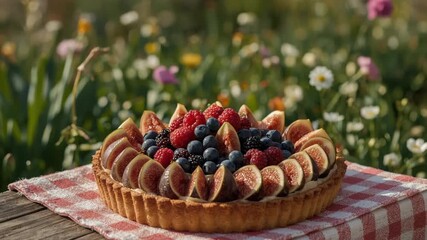 A rustic fruit tart topped with fresh figs and berries, served on a red checkered cloth in a sunny wildflower garden. - Powered by Adobe