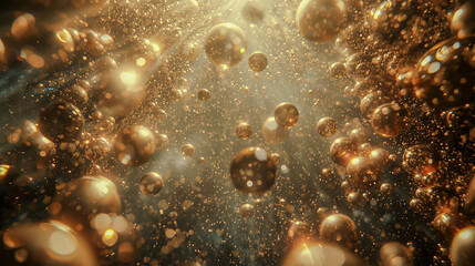 Abstract champagne bubble universe, golden spheres floating upward, with empty lower third for greetings.