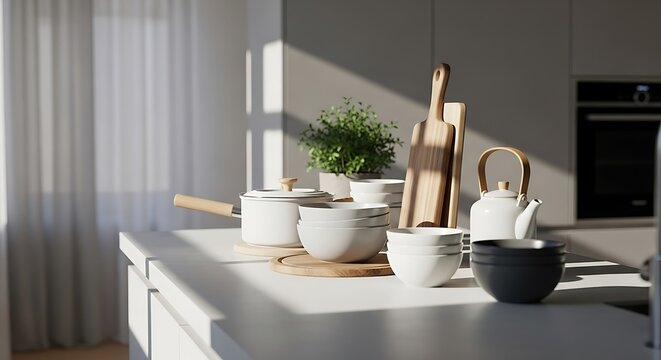 Aesthetic morning light illuminates a contemporary kitchen countertop, highlighting beautifully arranged ceramic cookware, a wooden board, and a potted plant for a serene domestic atmosphere