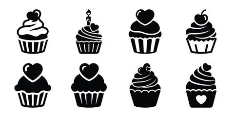 valentine cupcake Valentine's Day icon set silhouette style and isolated on white background Vector illustration