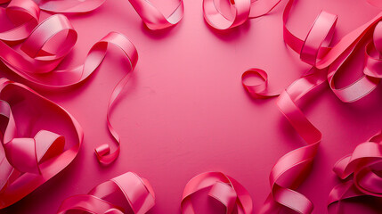 Abstract 3D ribbons forming festive loops and curls on a matte background, top copy space.