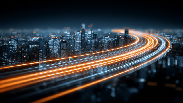 A futuristic highway of data light weaving through a smart city skyline representing fast connectivity, real-time communication and digital growth.
