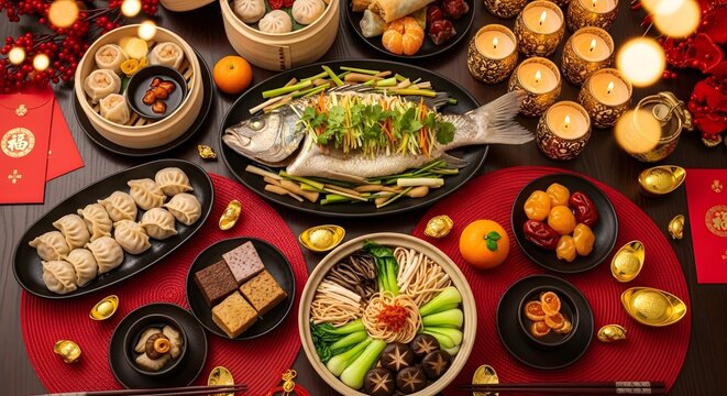 A festive table laden with traditional Chinese New Year dishes, including fish, dumplings, and dim sum.