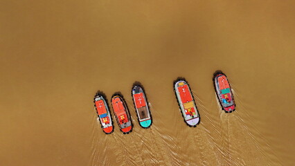 River Boats Aerial View  Waterway Transport  Thai River from Above flood