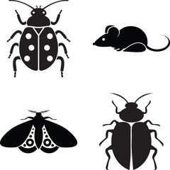 Stylish insect and mouse silhouette vector set featuring beetles, moth, cockroach and rodent icons. Perfect for logo, infographic, education, pest control, and design projects.