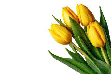 Three vibrant yellow tulips against a black backdrop.  Close-up, showcasing detail of petals and leaves