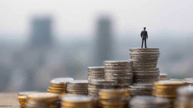 Miniature businessman stands on a pile of coins against a blurred city skyline