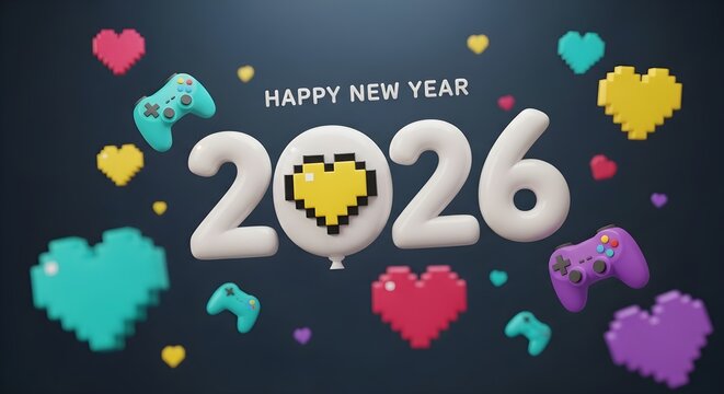 Happy new year 2026 with gaming and pixel art hearts - Powered by Adobe