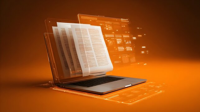 3D illustration of digital document records displayed on a sleek laptop. Digital document management, data visualization, futuristic technology, business workflow, information technology, cloud storag