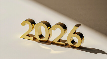 Glossy gold 3D numbers 2026 of the new year, shadowed on matte surface.
