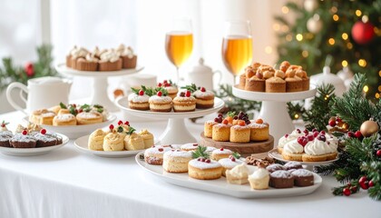 Naklejka premium クリスマススイーツが並ぶ華やかなホリデーデザートテーブル構図 | Festive Holiday Dessert Table with Christmas Pastries, Cupcakes, and Elegant Seasonal Decorations 