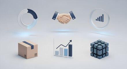 Collection of 3D icons representing business growth and partnership.