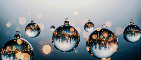 Floating glass ornaments reflecting abstract city lights, with soft empty top gradient for text.