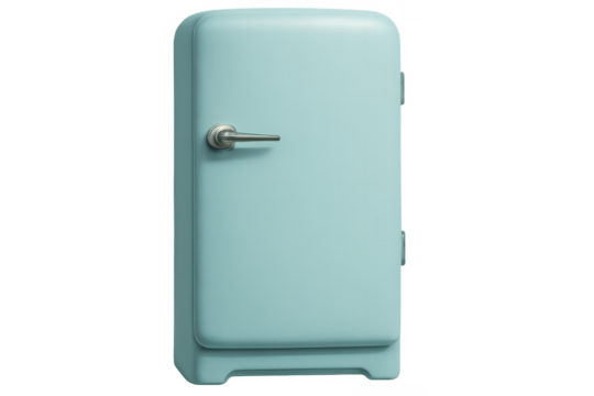 Retro style refrigerator featuring a pastel blue finish and vintage design, standing as a cool kitchen appliance. Transparent background