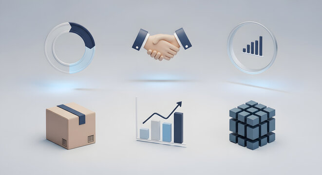 Collection of 3D icons representing business growth and partnership.