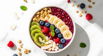 A vibrant and colorful acai bowl with various fresh fruits and granola, perfect for a healthy breakfast.