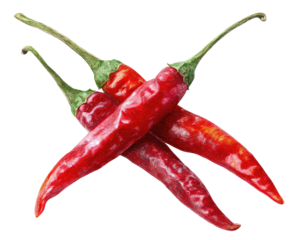 Close-up of three crossed chili peppers.  Vibrant red peppers with a slightly wrinkled texture,  green stems, and detailed shading