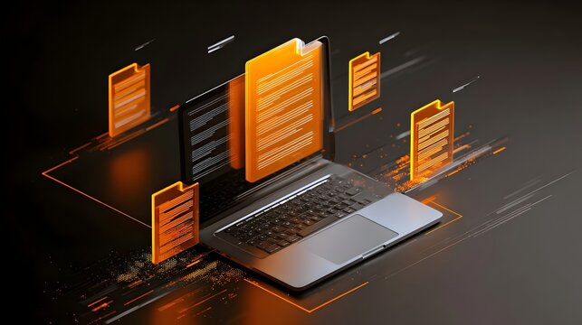 3D illustration of digital document records displayed on a sleek laptop. Digital document management, data visualization, futuristic technology, business workflow, information technology, cloud storag