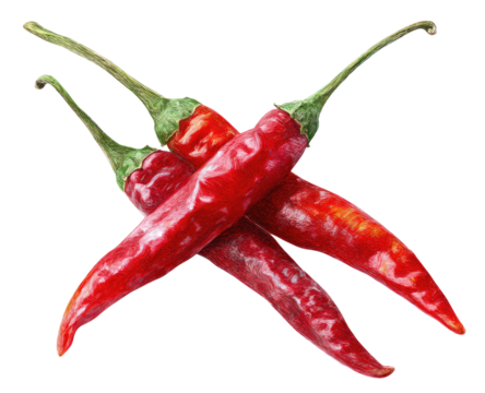 Close-up of three crossed chili peppers.  Vibrant red peppers with a slightly wrinkled texture,  green stems, and detailed shading
