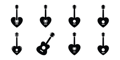 heart guitar Valentine's Day icon set silhouette style and isolated on white background Vector illustration