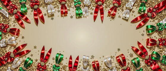 Festive ribbons and glitter around the border, central area free for message.
