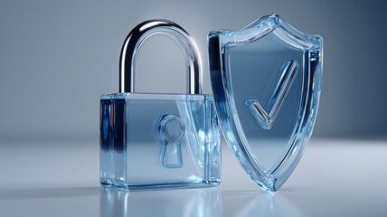 A crystal padlock and shield icon composition representing cybersecurity, encrypted access, and data protection in a digital ecosystem.
