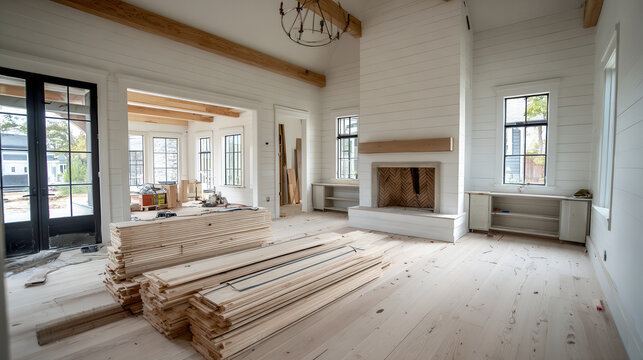 New modern living room interior with wooden beams and construction materials in a house under renovation