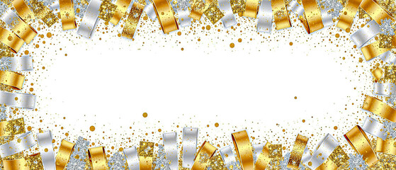 Festive ribbons and glitter around the border, central area free for message.