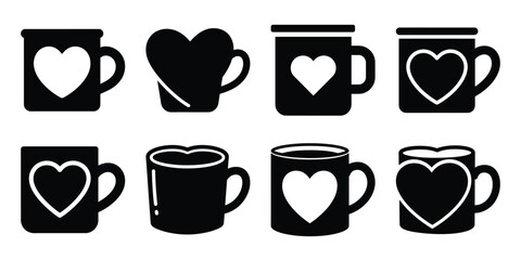 heart mug Valentine's Day icon set silhouette style and isolated on white background Vector illustration
