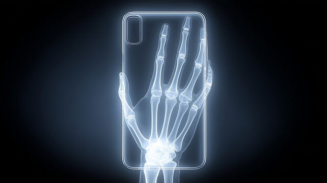 An X-ray visualization of a hand holding a smartphone illustrating digital dependency and biometric surveillance in modern technology use.

