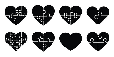 heart puzzle Valentine's Day icon set silhouette style and isolated on white background Vector illustration