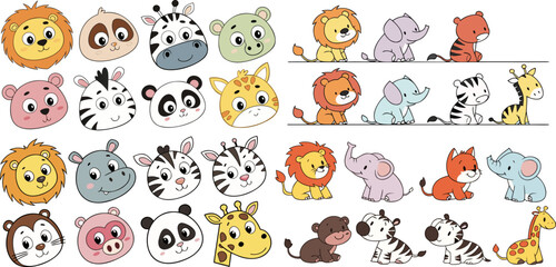 Cute Animal Faces Colorful Flat Icons Mega Pack