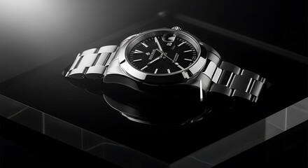 Sophisticated metallic timepiece with a sleek black dial elegantly displayed on a glossy, reflective surface under dramatic studio lighting, emphasizing its luxurious craftsmanship and modern design