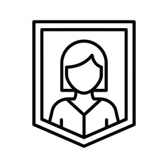 Simple line art icon of a woman in a shield frame isolated on for web or app design