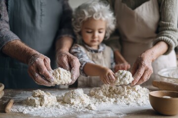 Elderly caucasian adults and child baking together in kitchen