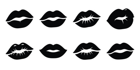 kiss lips Valentine's Day icon set silhouette style and isolated on white background Vector illustration